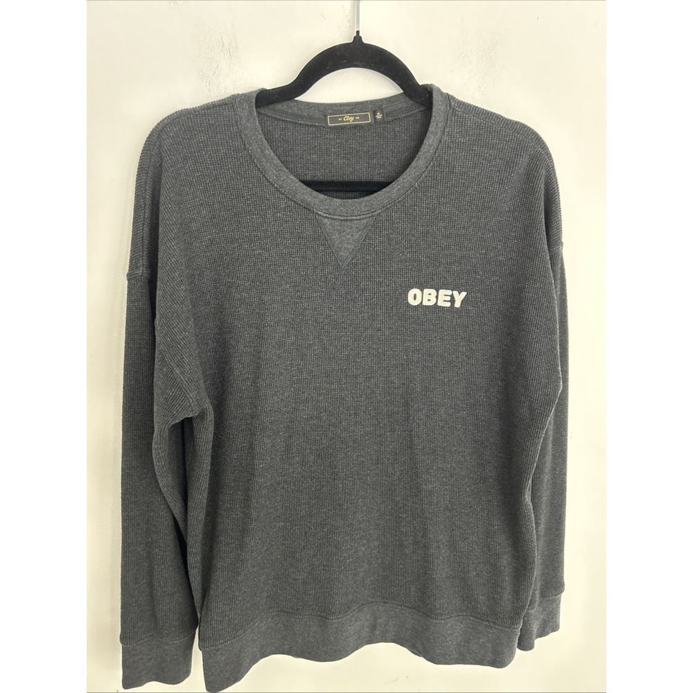 Obey Men's Medium Long‎ Sleeve Crewneck Waffle Knit Charcoal Gray Light Pullover